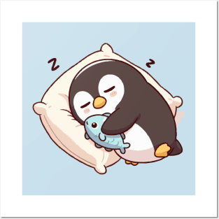 cute penguin sleeping with a fish bolster Posters and Art